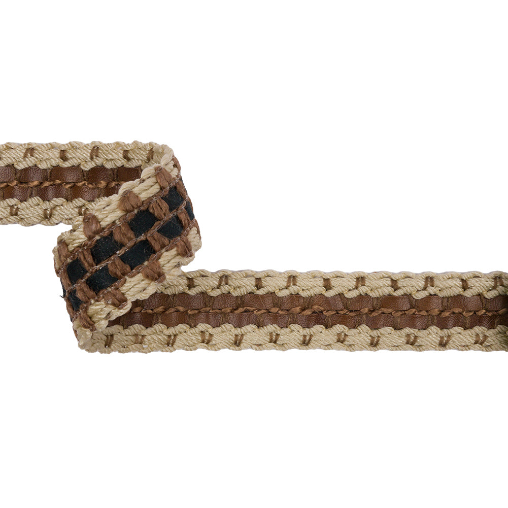 Famous NYC Designer Beige and Brown Faux Leather Stripe Basketwoven Trim - 1.25" Famous NYC Designer Beige and Brown Faux Leather Stripe Basketwoven Trim - 1.25"