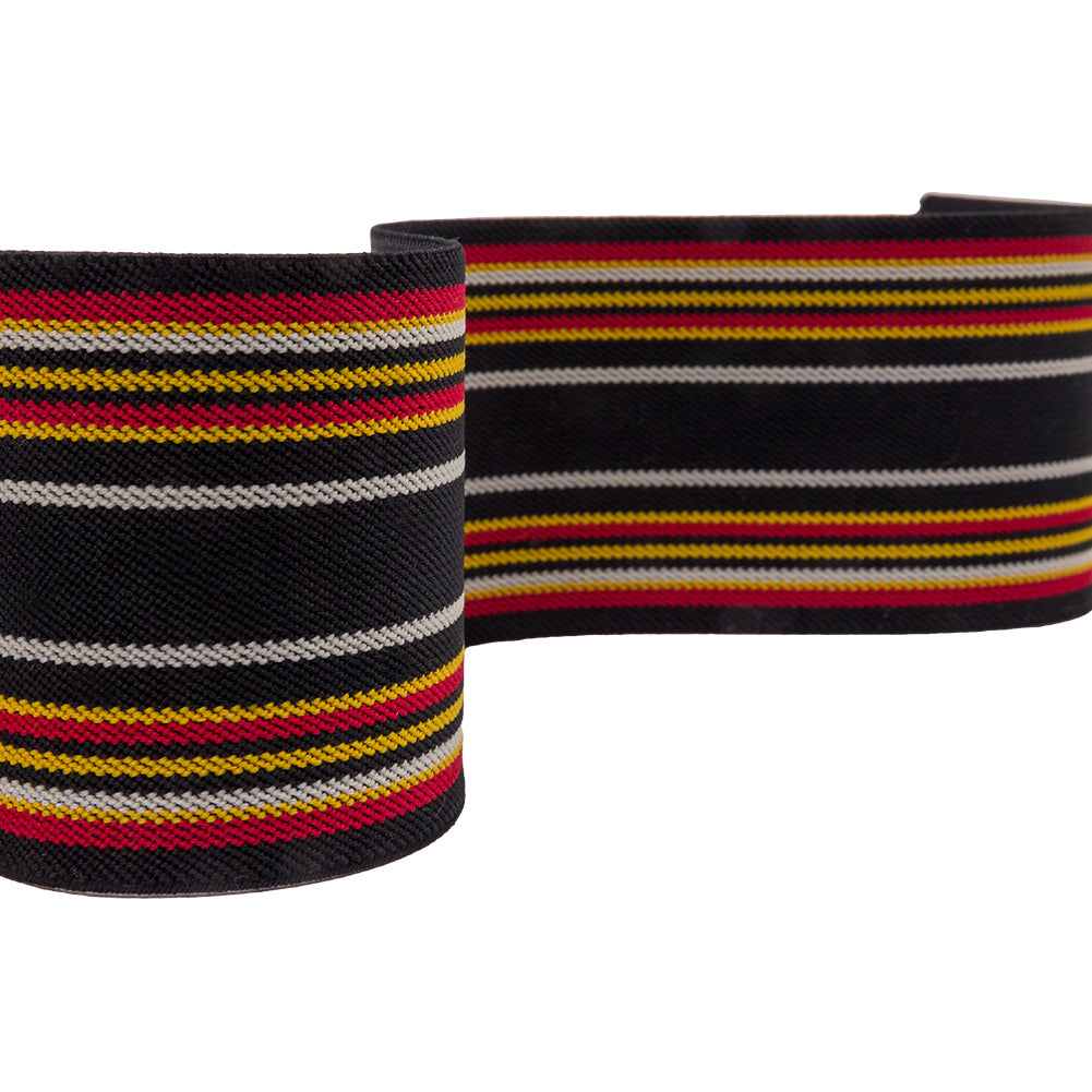 Famous NYC Designer Black, Red and Yellow Striped Stiff Elastic Trim - 3" Famous NYC Designer Black, Red and Yellow Striped Stiff Elastic Trim - 3"