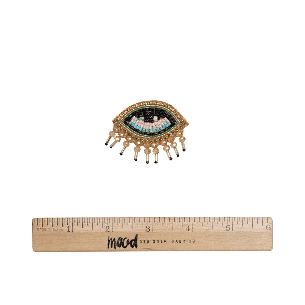 Gold, Green and Aqua Glam Eye with Lashes Glass Beaded Applique - 1.5" x 1.875" Full Gold, Green and Aqua Glam Eye with Lashes Glass Beaded Applique - 1.5" x 1.875" Full