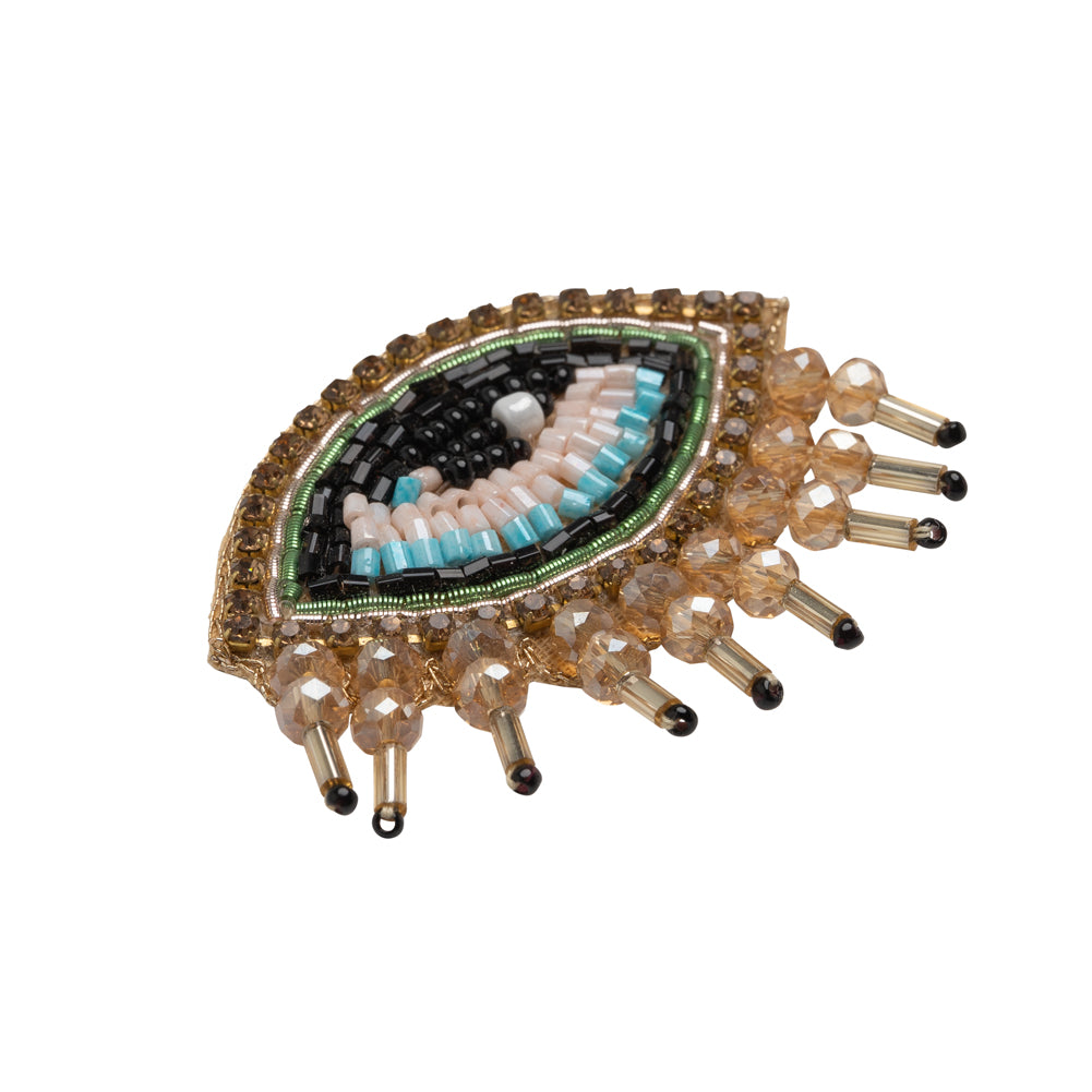 Gold, Green and Aqua Glam Eye with Lashes Glass Beaded Applique - 1.5" x 1.875" Folded Gold, Green and Aqua Glam Eye with Lashes Glass Beaded Applique - 1.5" x 1.875" Folded