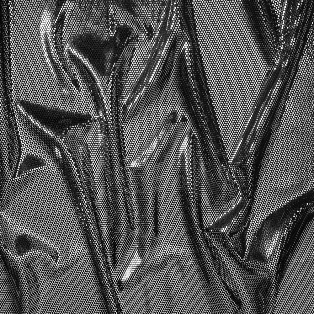 Stretch Polyester Velour with Crystal Foiled Polka Dots - Black and Silver Stretch Polyester Velour with Crystal Foiled Polka Dots - Black and Silver
