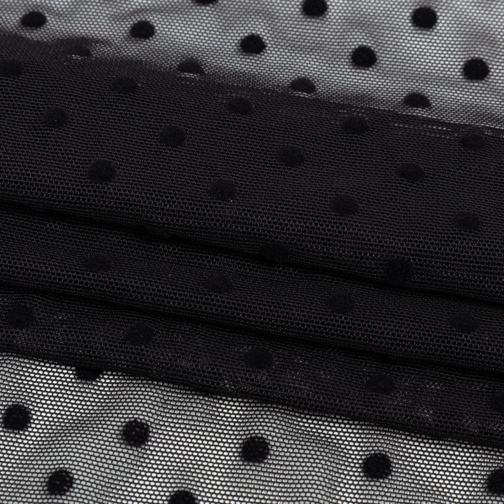 Black Flocked Polka Dots Stretch Nylon Mesh - Folded Black Flocked Polka Dots Stretch Nylon Mesh - Folded