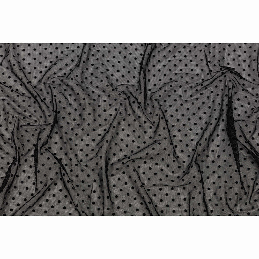 Black Flocked Polka Dots Stretch Nylon Mesh - Full Black Flocked Polka Dots Stretch Nylon Mesh - Full