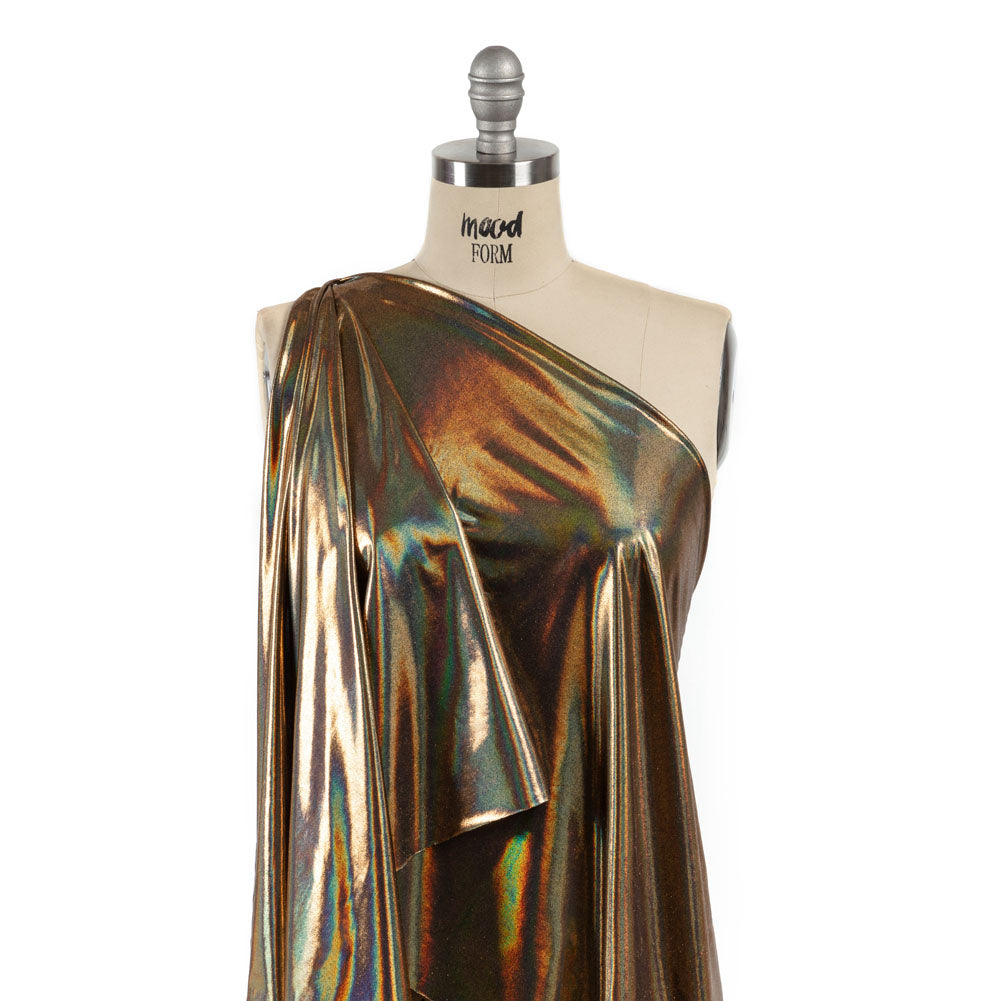 Gold Holographic Foiled Stretch Polyester Jersey - Drape Gold Holographic Foiled Stretch Polyester Jersey - Drape