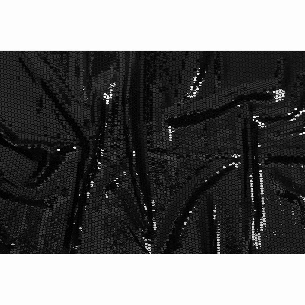 Black and Black Hexagons Foiled Stretch Nylon Knit - Full Black and Black Hexagons Foiled Stretch Nylon Knit - Full
