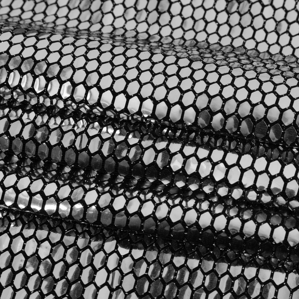 Black and Silver Hexagons Foiled Stretch Nylon Knit - Folded Black and Silver Hexagons Foiled Stretch Nylon Knit - Folded