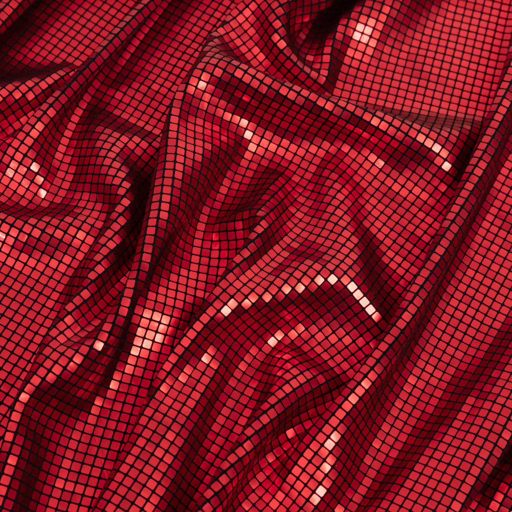 Squares Foiled Stretch Polyester Knit - Red and Metallic Black - Heidi Collection Squares Foiled Stretch Polyester Knit - Red and Metallic Black - Heidi Collection