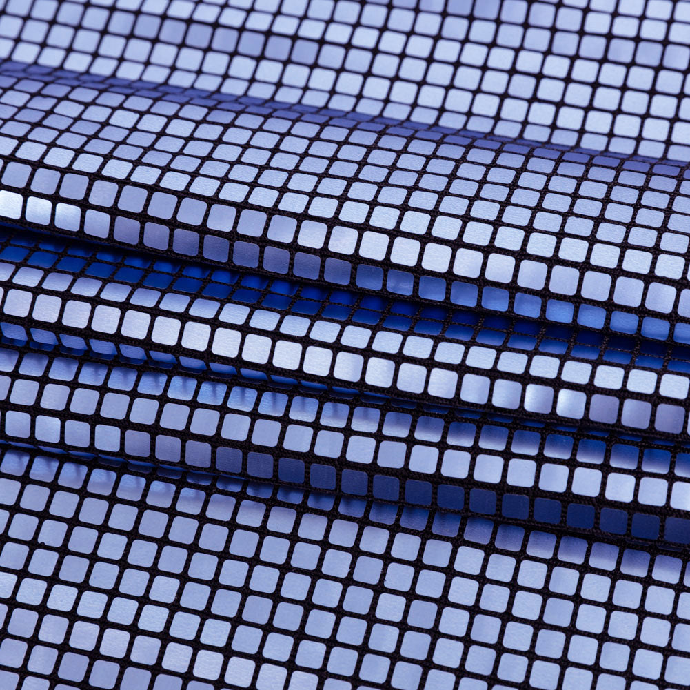 Squares Foiled Stretch Polyester Knit - Blue and Metallic Black - Heidi Collection - Folded Squares Foiled Stretch Polyester Knit - Blue and Metallic Black - Heidi Collection - Folded