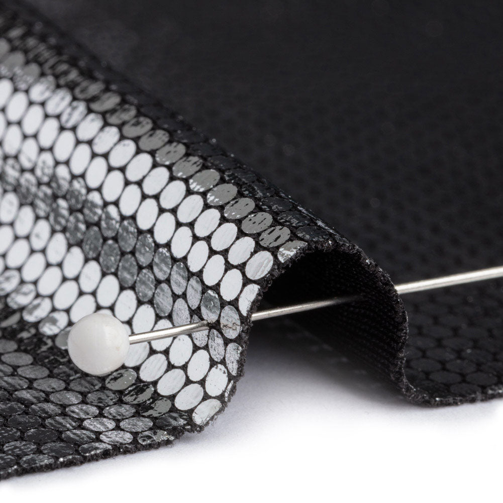 Silver Dense Polka Dots Foiled Stretch Polyester Knit - Detail Silver Dense Polka Dots Foiled Stretch Polyester Knit - Detail