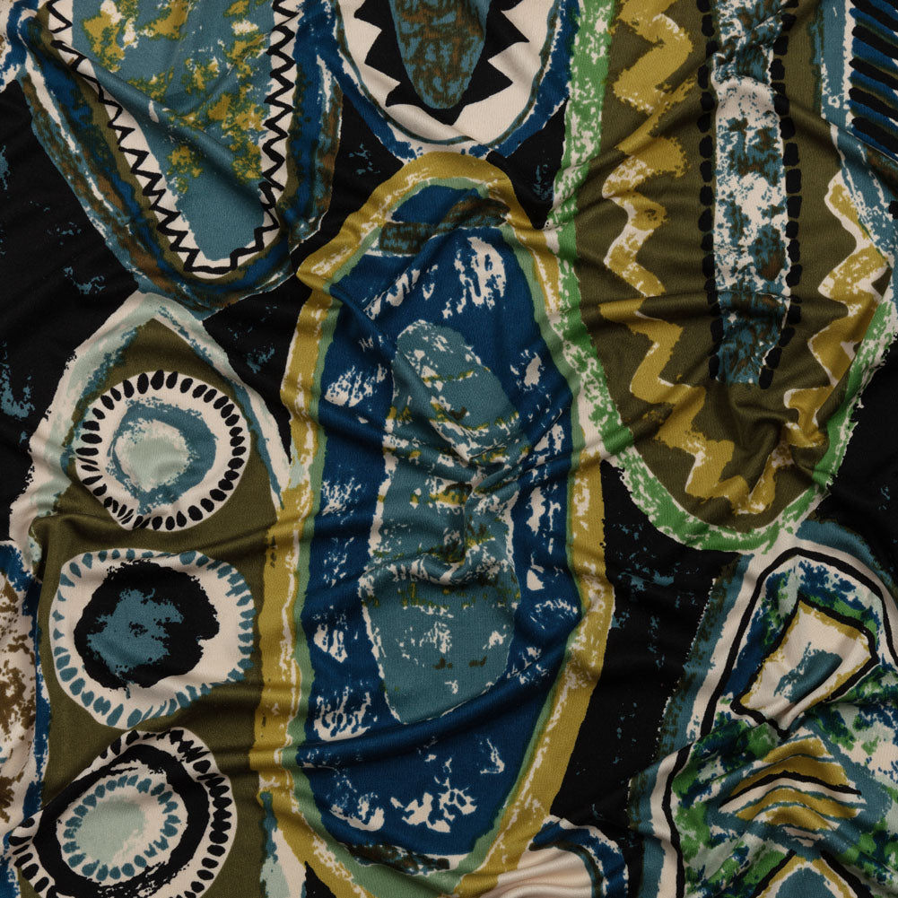 Blue, Olive and Black Abstract Maps Silk Jersey Blue, Olive and Black Abstract Maps Silk Jersey