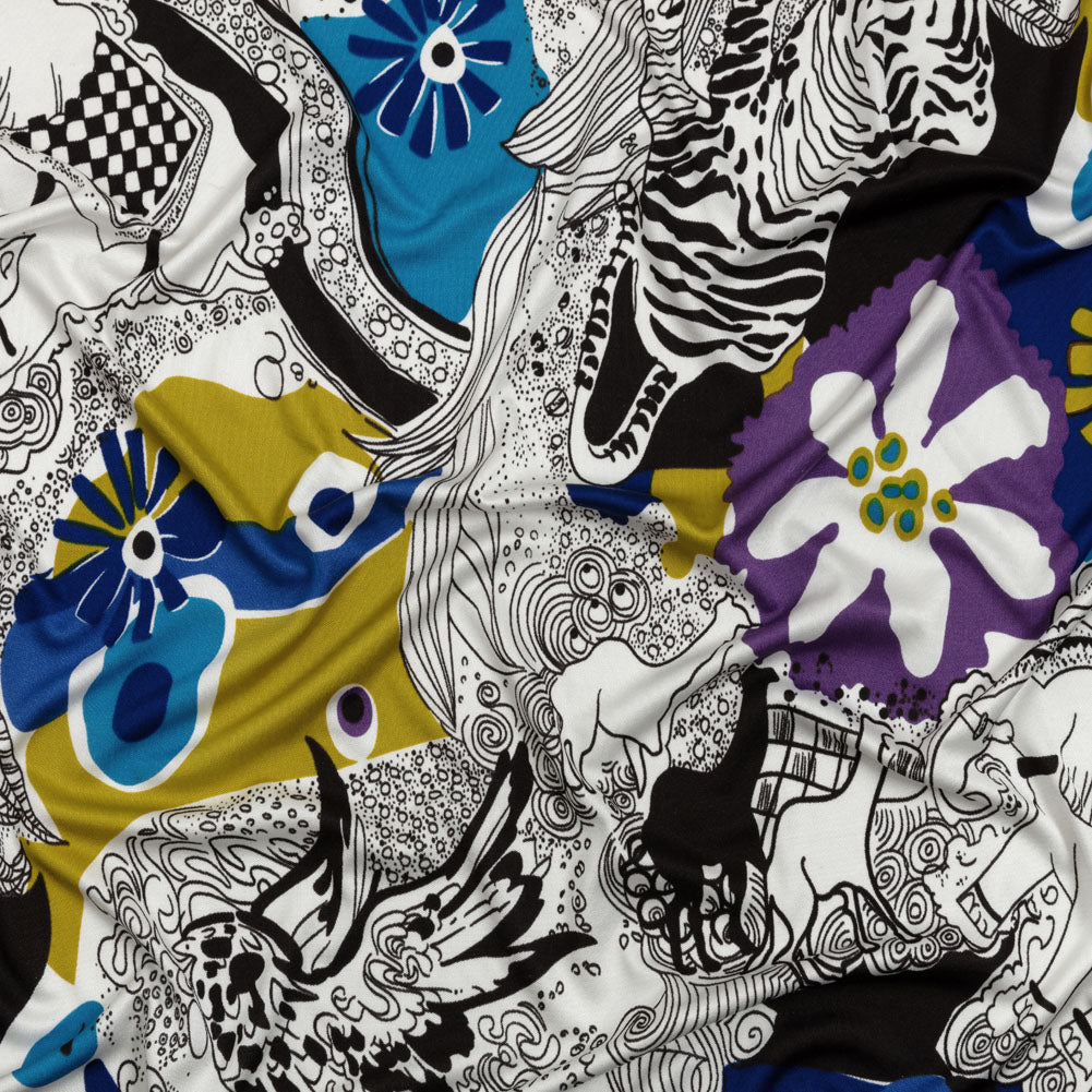 Blue, Golden Olive and Black Flowers and Animal Sketches Silk Jersey Blue, Golden Olive and Black Flowers and Animal Sketches Silk Jersey