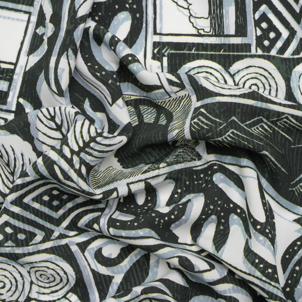 Viscose Woven Print - Black, White and Pale Blue Leaf and Geometric Patchwork - Mood Exclusive Mahiole of Maui Viscose Woven Print - Black, White and Pale Blue Leaf and Geometric Patchwork - Mood Exclusive Mahiole of Maui