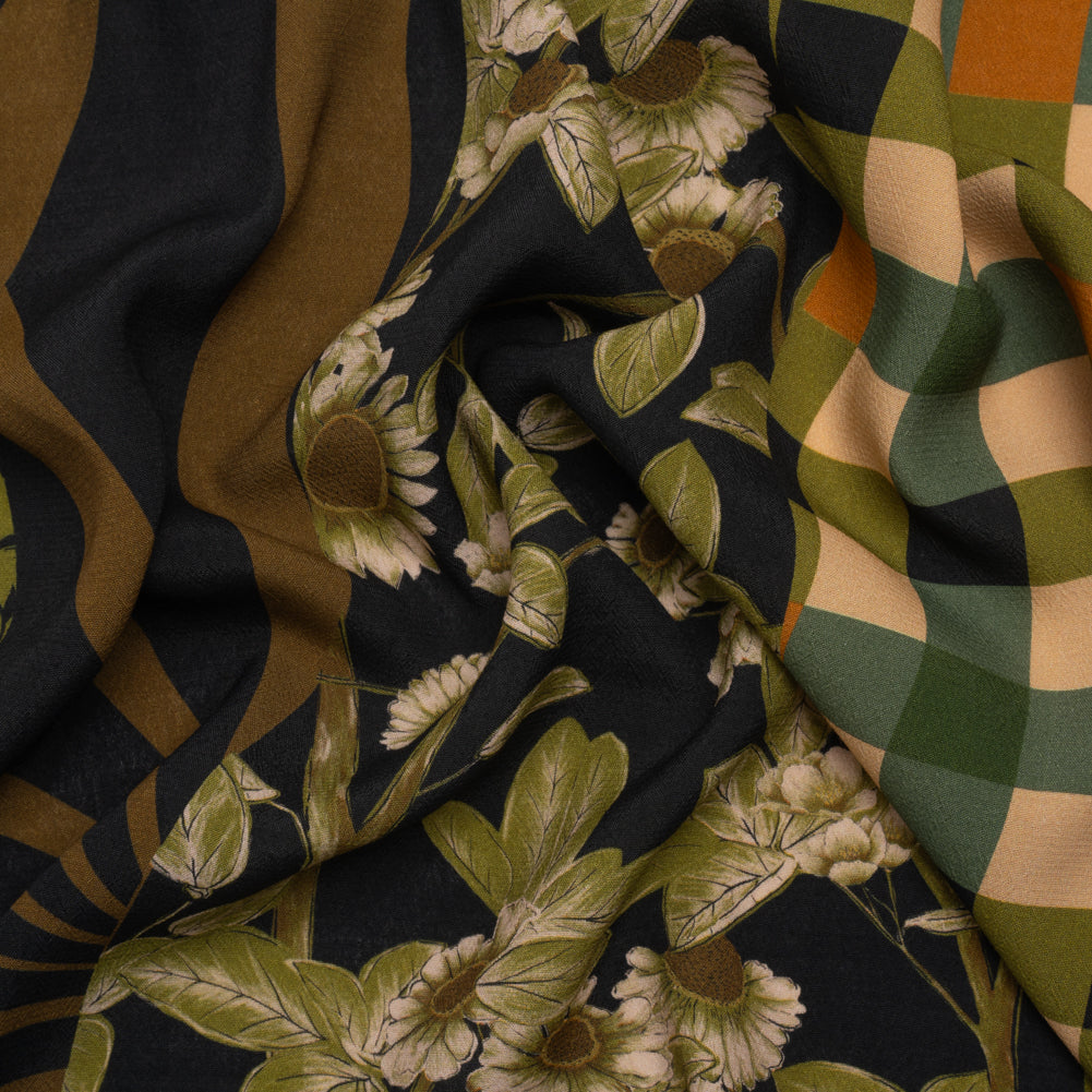Sustainable Viscose Crepe Panel - Green and Brown Checks and Floral Patchwork - Mood Exclusive Earth's Gifts Sustainable Viscose Crepe Panel - Green and Brown Checks and Floral Patchwork - Mood Exclusive Earth's Gifts