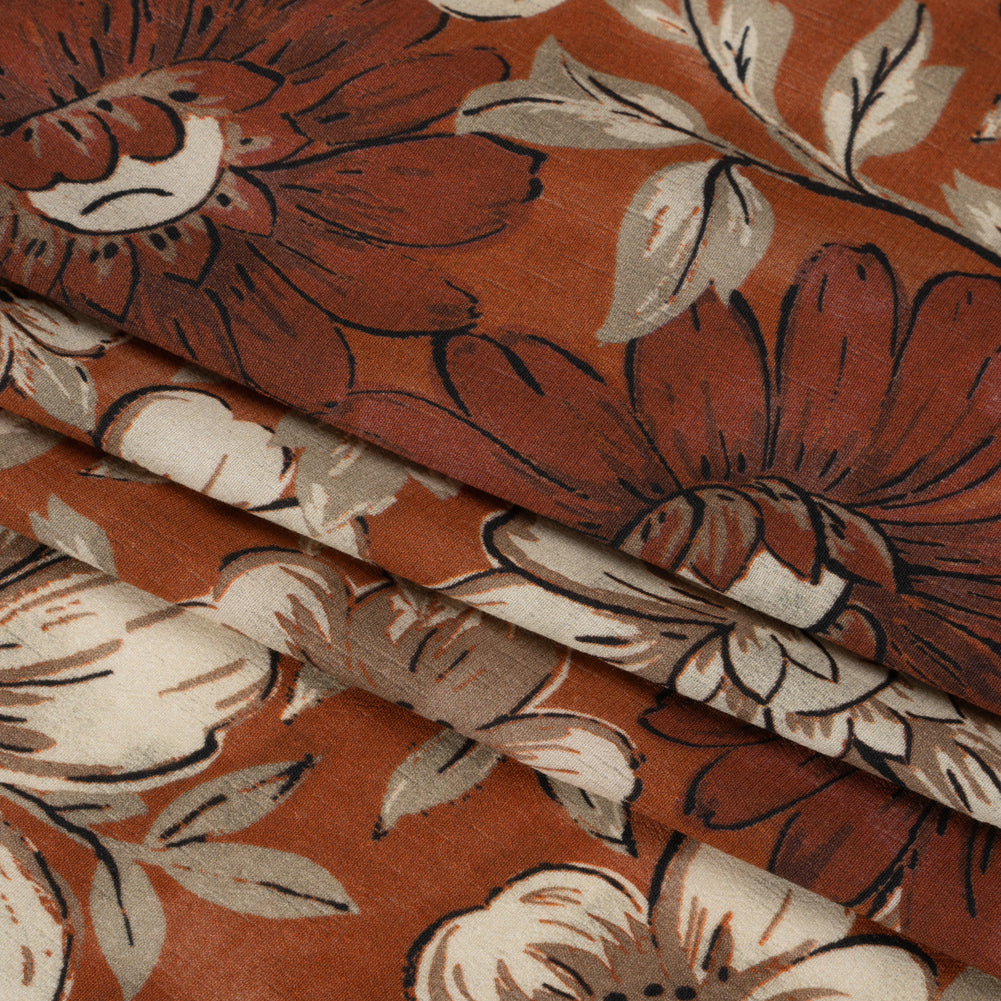 Sustainable Viscose Crepe Print - Rust Orange and White Floral - Mood Exclusive Crowded Fields Folded Sustainable Viscose Crepe Print - Rust Orange and White Floral - Mood Exclusive Crowded Fields Folded