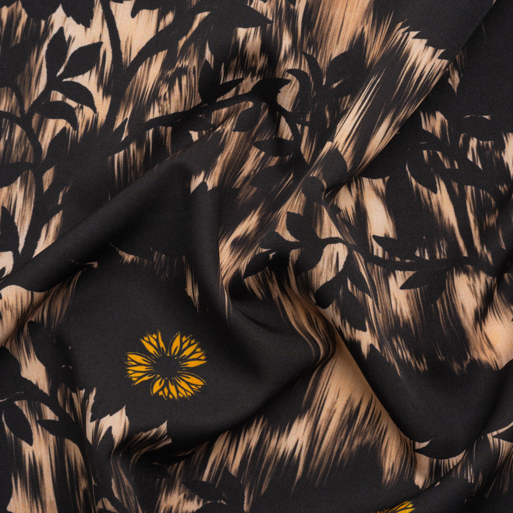 Stretch Polyester Woven Print - Black Florals on Abstract Ikat - Mood Exclusive Rambling Brambles Stretch Polyester Woven Print - Black Florals on Abstract Ikat - Mood Exclusive Rambling Brambles