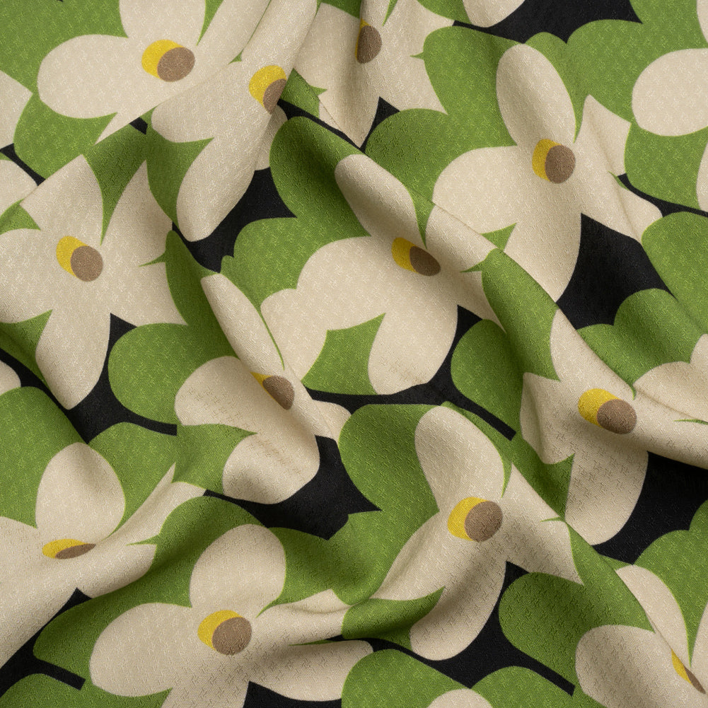 Sustainable Viscose Floral Jacquard Print - Green, White and Black Floral - Mood Exclusive Jonesing for Daisy Sustainable Viscose Floral Jacquard Print - Green, White and Black Floral - Mood Exclusive Jonesing for Daisy