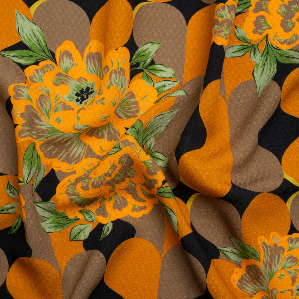 Sustainable Viscose Floral Jacquard Print - Orange, Green and Black Floral and Abstract - Mood Exclusive Hip Hydrangea Sustainable Viscose Floral Jacquard Print - Orange, Green and Black Floral and Abstract - Mood Exclusive Hip Hydrangea