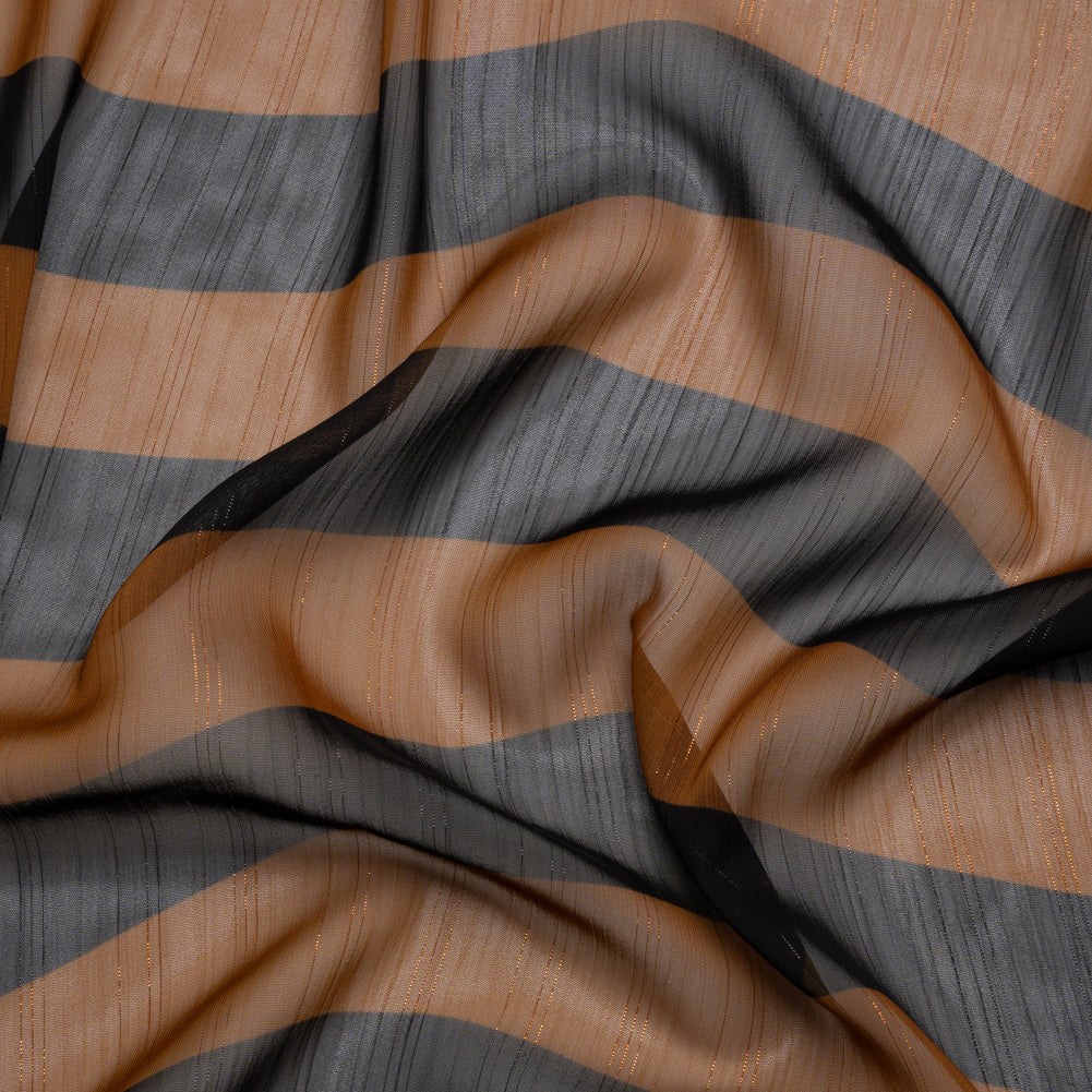 Polyester Chiffon Print with Metallic Pinstripes - Brown and Black Wavy Stripes - Mood Exclusive Delray Daze Polyester Chiffon Print with Metallic Pinstripes - Brown and Black Wavy Stripes - Mood Exclusive Delray Daze