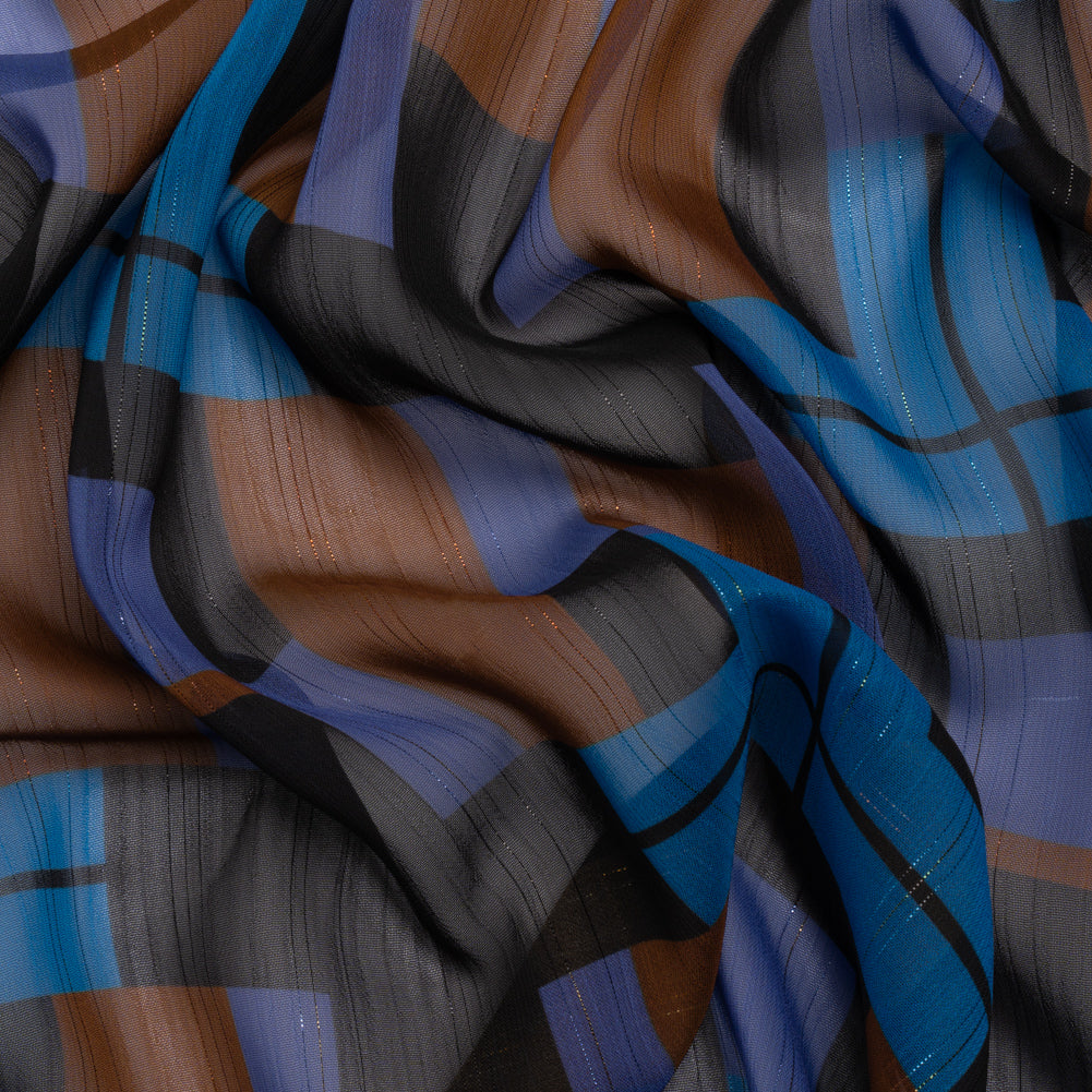 Polyester Chiffon Print with Metallic Pinstripes - Blue, Purple and Brown Geometric - Mood Exclusive Geometric Jigsaw Polyester Chiffon Print with Metallic Pinstripes - Blue, Purple and Brown Geometric - Mood Exclusive Geometric Jigsaw