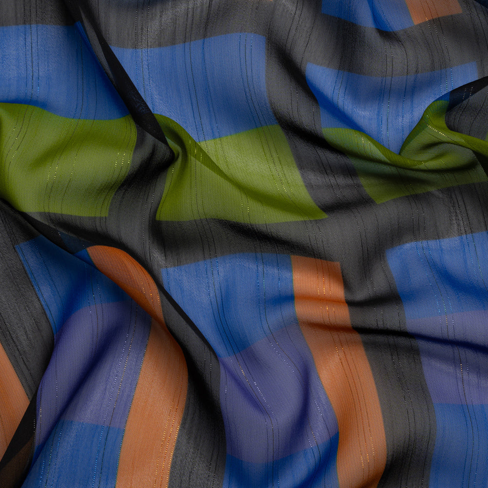 Polyester Chiffon Print with Metallic Pinstripes - Green, Orange and Blue Geometric - Mood Exclusive Through the Window Polyester Chiffon Print with Metallic Pinstripes - Green, Orange and Blue Geometric - Mood Exclusive Through the Window