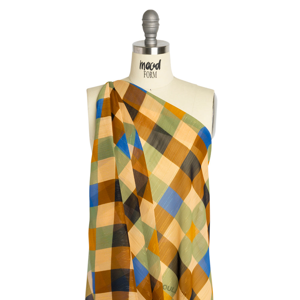 Polyester Chiffon Print with Metallic Pinstripes - Brown, Green and Yellow Plaid - Mood Exclusive Rooks and Bishops Drape Polyester Chiffon Print with Metallic Pinstripes - Brown, Green and Yellow Plaid - Mood Exclusive Rooks and Bishops Drape