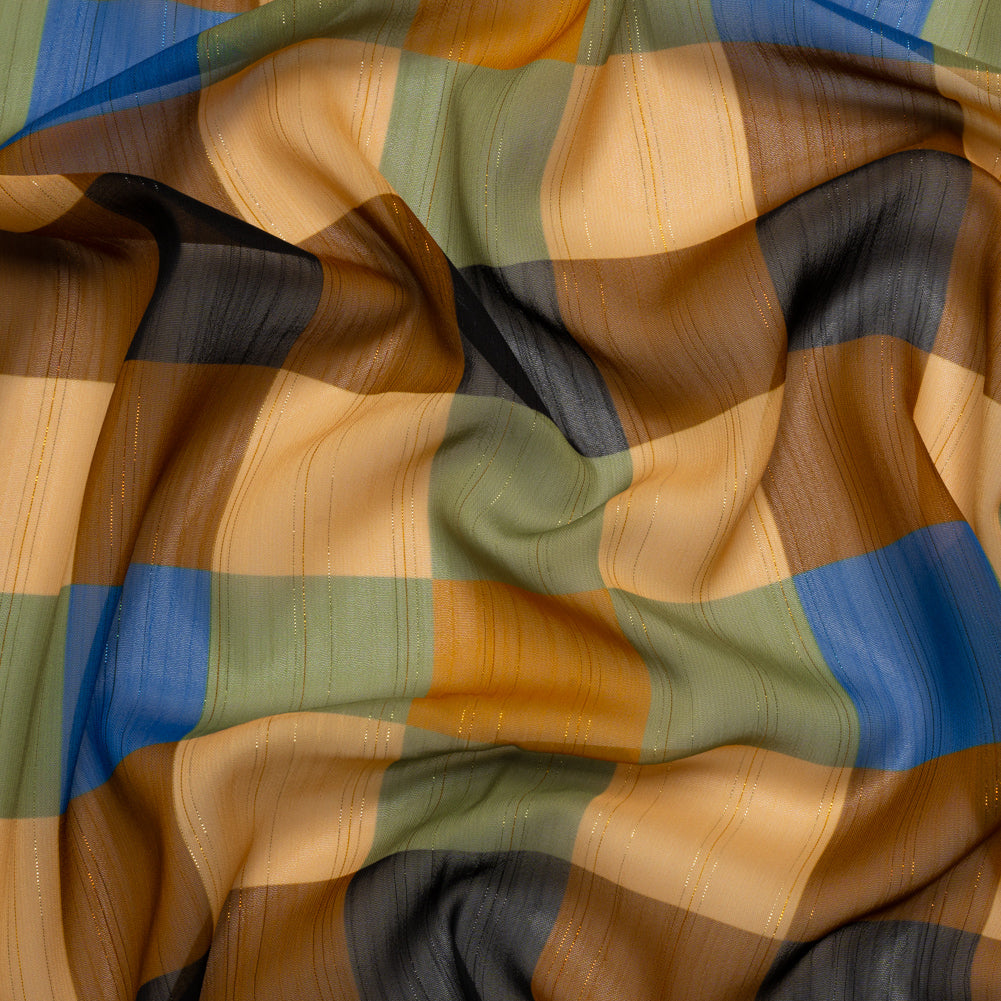 Polyester Chiffon Print with Metallic Pinstripes - Brown, Green and Yellow Plaid - Mood Exclusive Rooks and Bishops Polyester Chiffon Print with Metallic Pinstripes - Brown, Green and Yellow Plaid - Mood Exclusive Rooks and Bishops