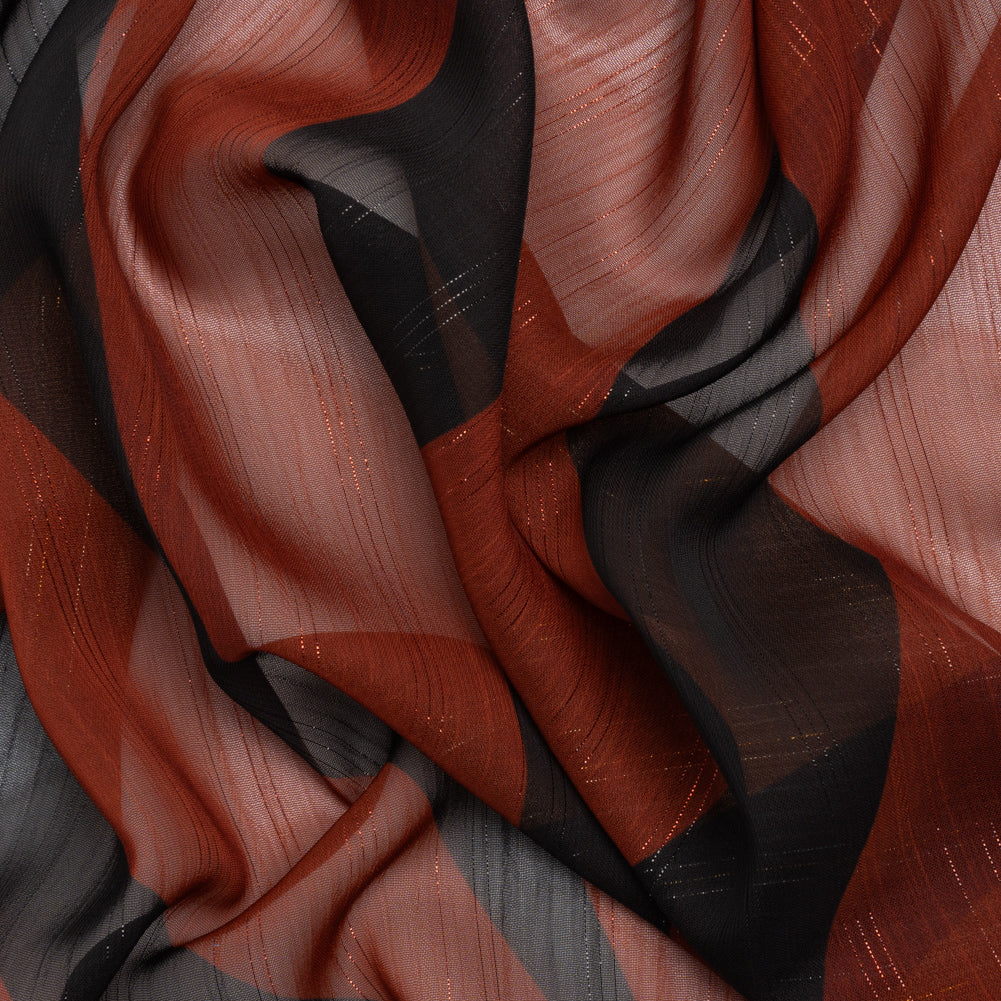 Polyester Chiffon Print with Metallic Pinstripes - Rust Red and Black Abstract - Mood Exclusive Fondue Funhouse Polyester Chiffon Print with Metallic Pinstripes - Rust Red and Black Abstract - Mood Exclusive Fondue Funhouse