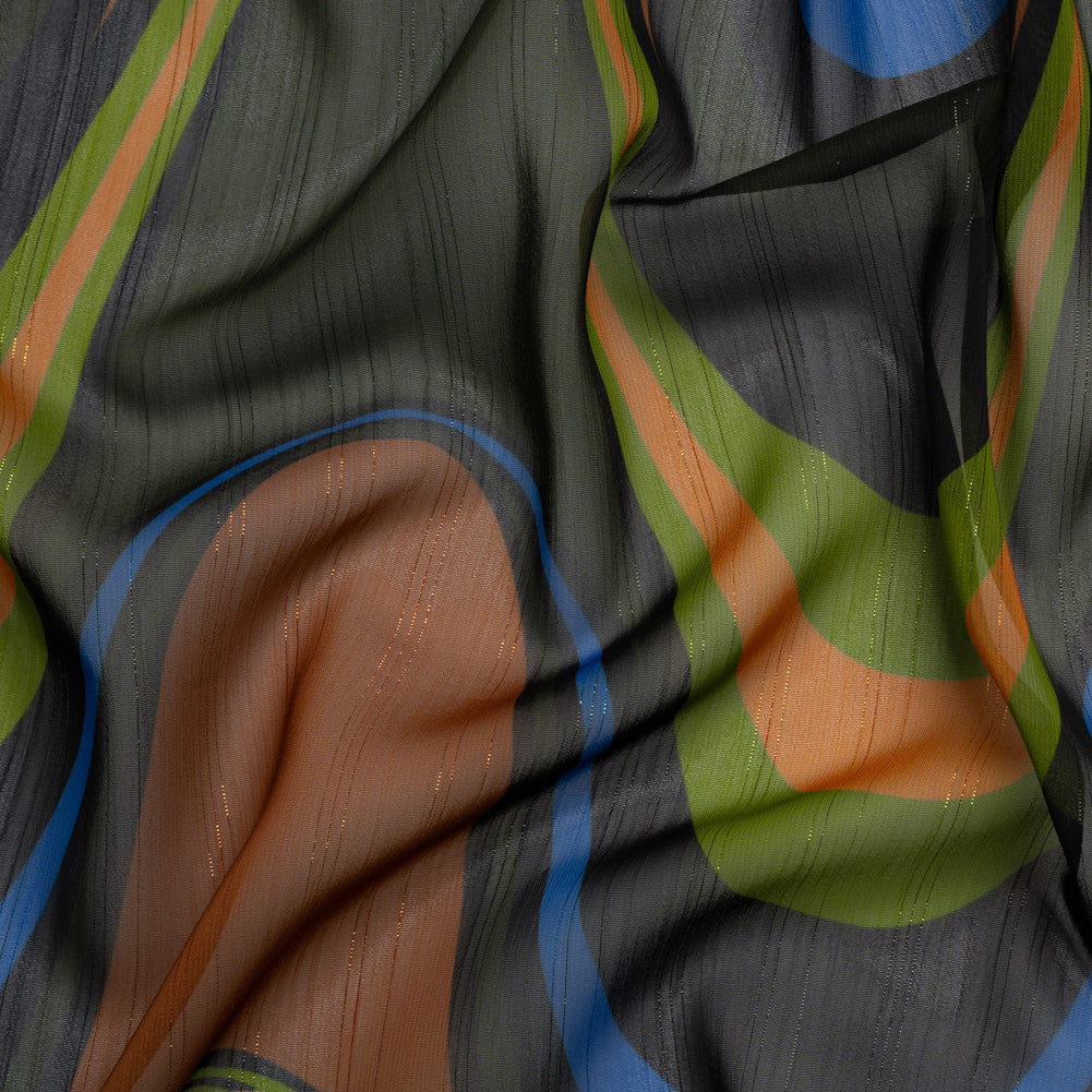 Polyester Chiffon Print with Metallic Pinstripes - Brown, Green and Black Waves - Mood Exclusive Ebb and Flow Polyester Chiffon Print with Metallic Pinstripes - Brown, Green and Black Waves - Mood Exclusive Ebb and Flow