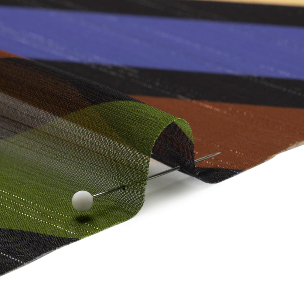 Polyester Chiffon Print with Metallic Pinstripes - Brown, Green and Purple Diagonal Stripes - Mood Exclusive Seemingly Slanted Detail Polyester Chiffon Print with Metallic Pinstripes - Brown, Green and Purple Diagonal Stripes - Mood Exclusive Seemingly Slanted Detail