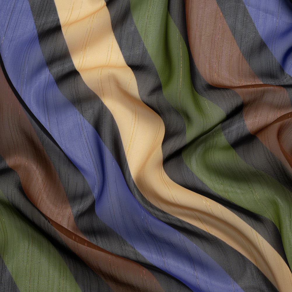 Polyester Chiffon Print with Metallic Pinstripes - Brown, Green and Purple Diagonal Stripes - Mood Exclusive Seemingly Slanted Polyester Chiffon Print with Metallic Pinstripes - Brown, Green and Purple Diagonal Stripes - Mood Exclusive Seemingly Slanted