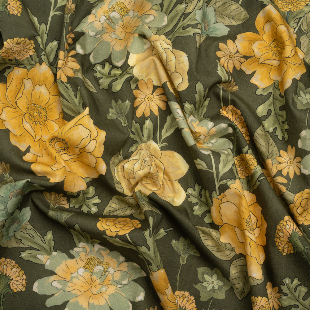 Cotton Poplin Print - Olive Green and Yellow Floral - Mood Exclusive Glorious Gardens Cotton Poplin Print - Olive Green and Yellow Floral - Mood Exclusive Glorious Gardens