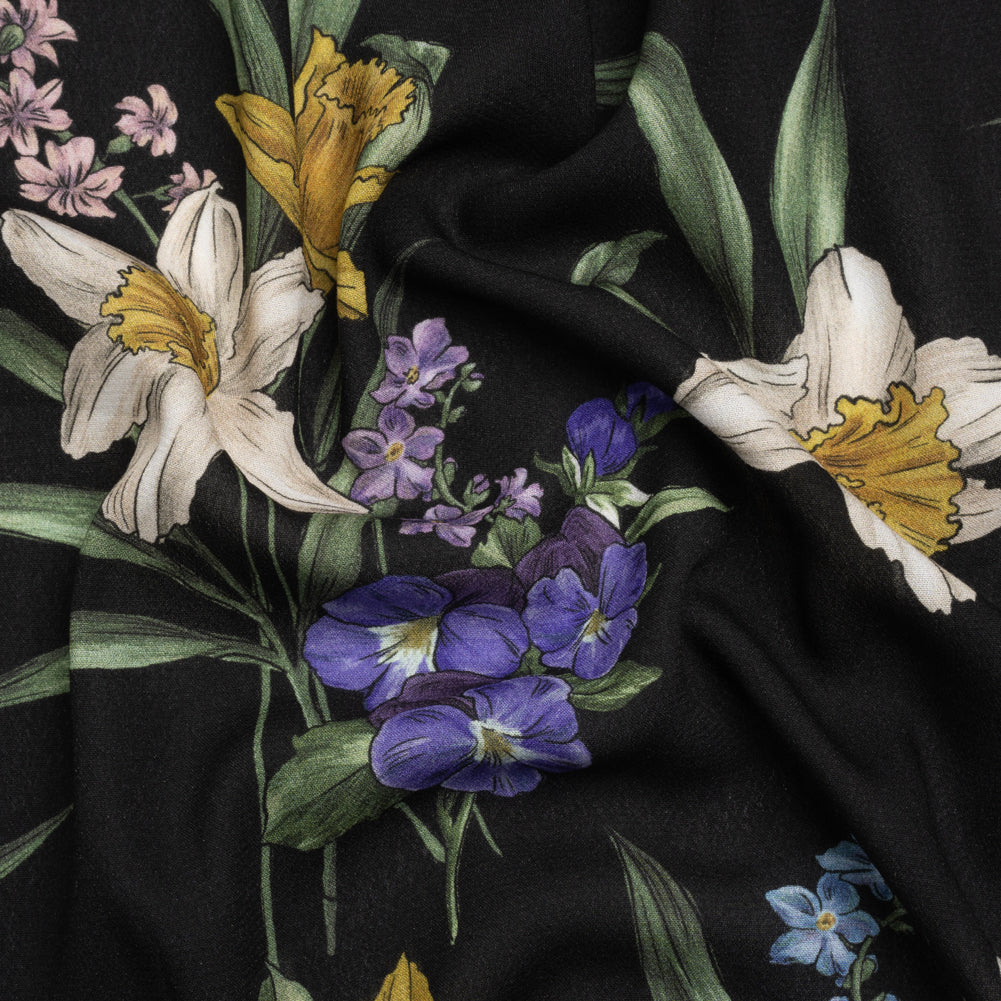 Viscose Crepe Print - Black, Yellow and Violet Floral - Mood Exclusive By the Plenty Viscose Crepe Print - Black, Yellow and Violet Floral - Mood Exclusive By the Plenty