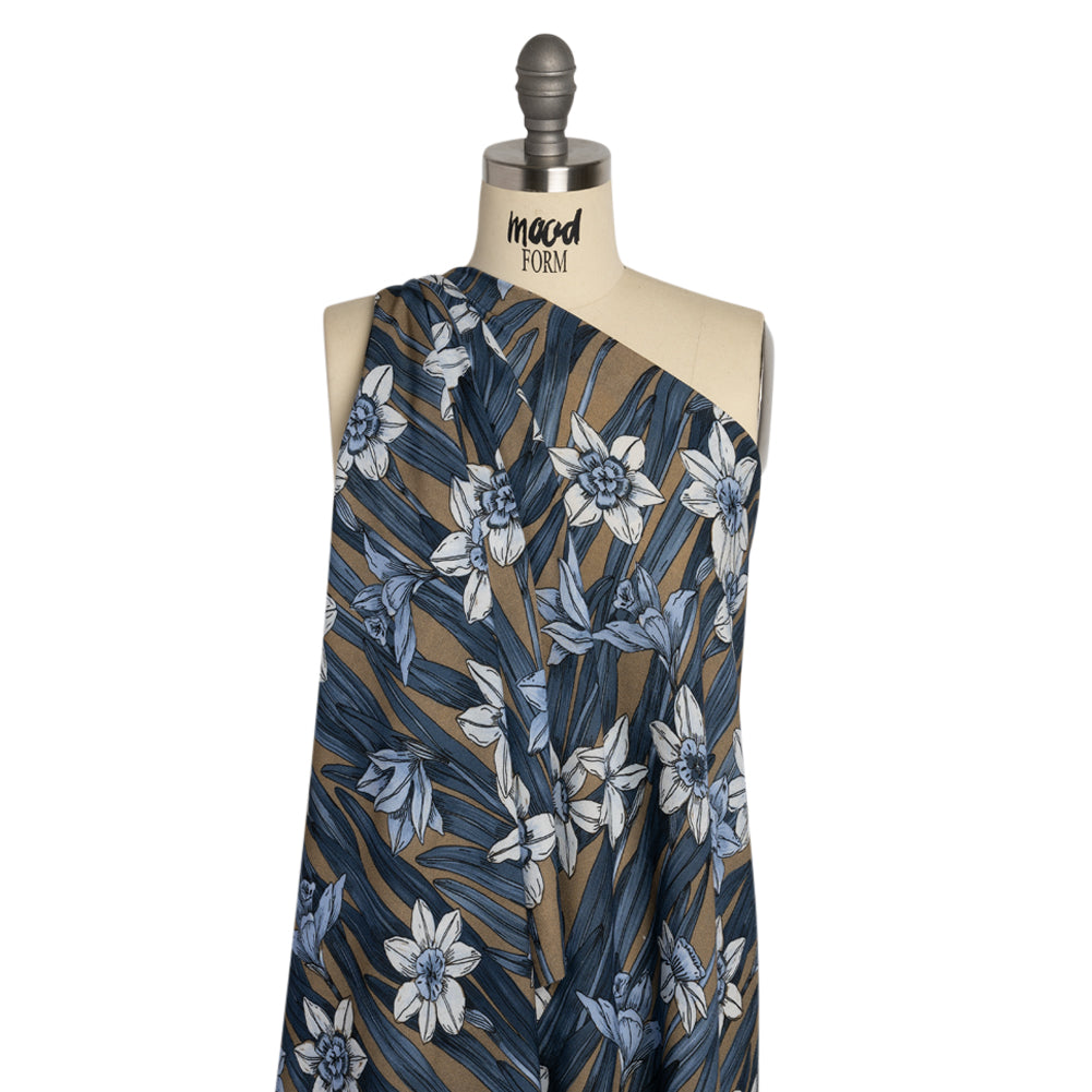 Viscose Crepe Print - Blue and Tan Floral - Mood Exclusive Drenched Daffodils Detail Viscose Crepe Print - Blue and Tan Floral - Mood Exclusive Drenched Daffodils Detail