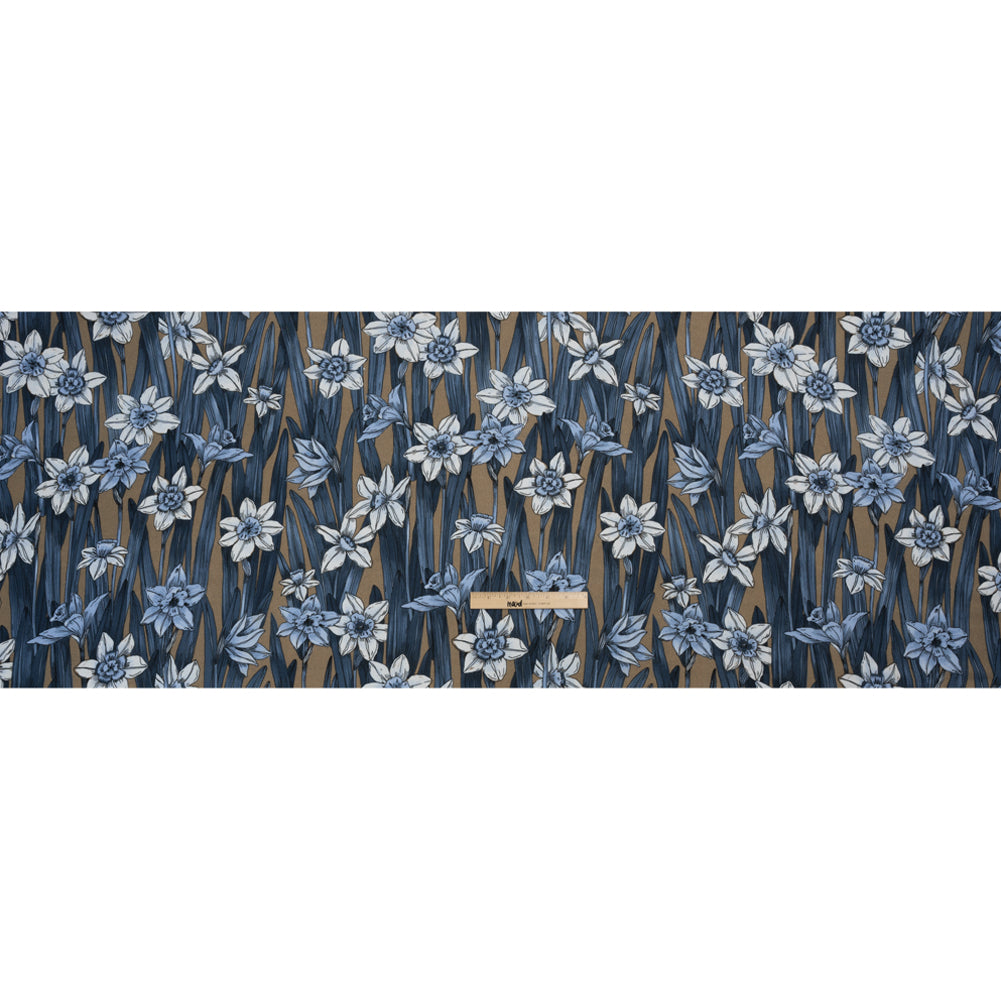 Viscose Crepe Print - Blue and Tan Floral - Mood Exclusive Drenched Daffodils Drape Viscose Crepe Print - Blue and Tan Floral - Mood Exclusive Drenched Daffodils Drape