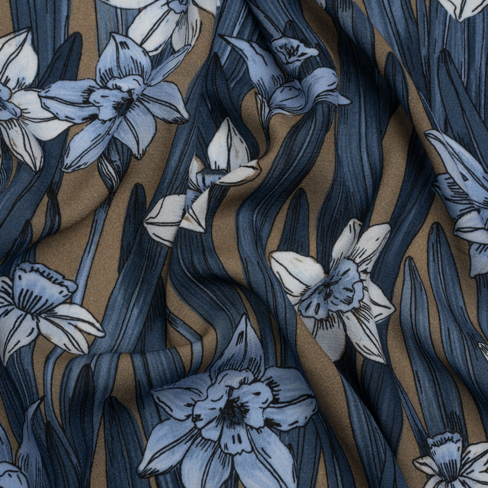 Viscose Crepe Print - Blue and Tan Floral - Mood Exclusive Drenched Daffodils Viscose Crepe Print - Blue and Tan Floral - Mood Exclusive Drenched Daffodils