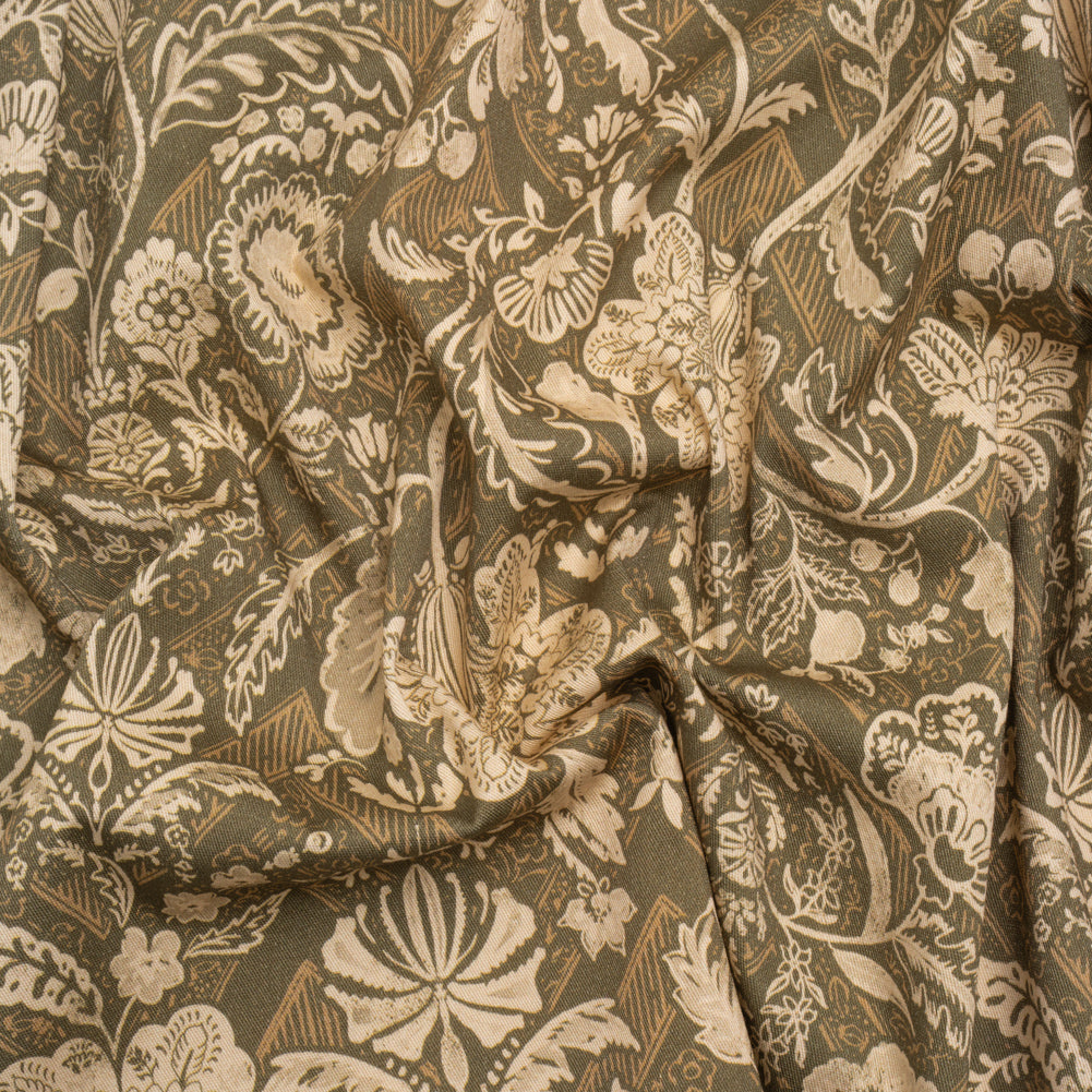 Stretch Cotton Twill Print - Moss Green and Beige Floral - Mood Exclusive Aromatic Aria Stretch Cotton Twill Print - Moss Green and Beige Floral - Mood Exclusive Aromatic Aria