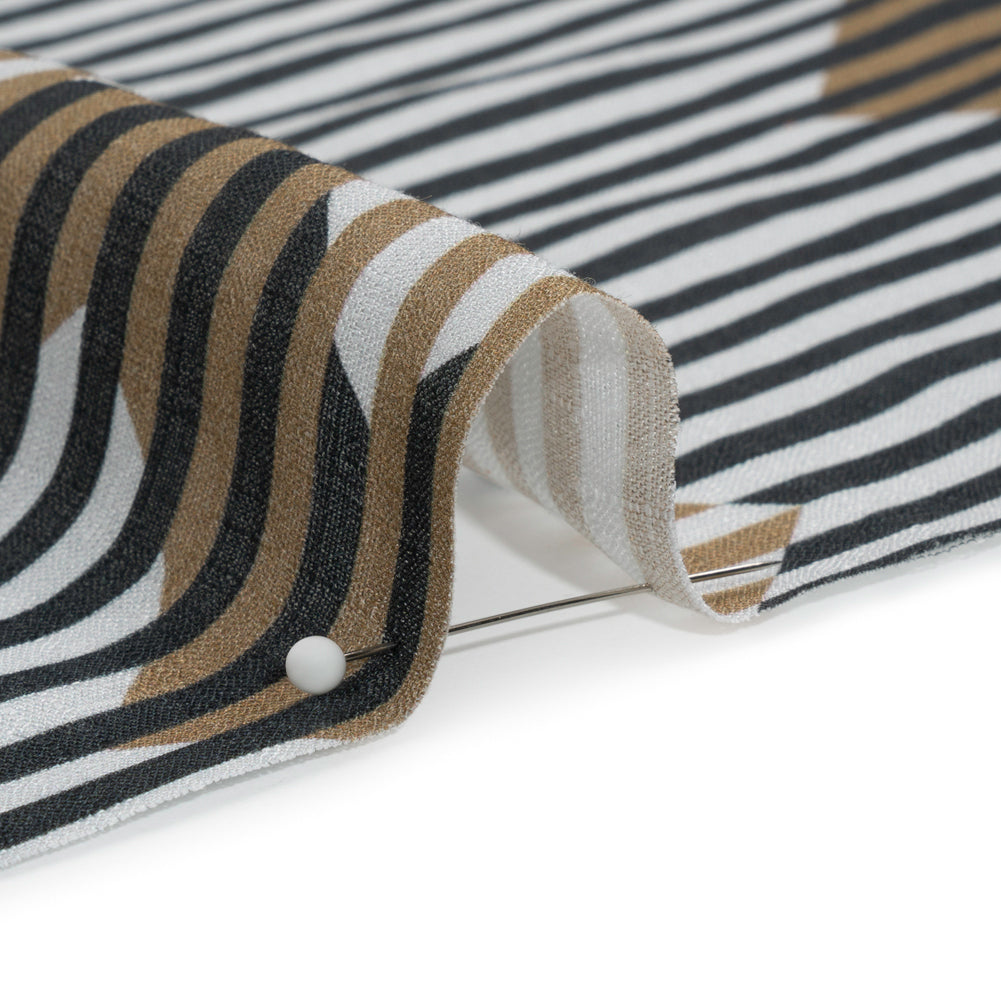 Slubbed Viscose Woven Print - Black and Brown Geometric Stripes - Mood Exclusive Eye Play Detail Slubbed Viscose Woven Print - Black and Brown Geometric Stripes - Mood Exclusive Eye Play Detail