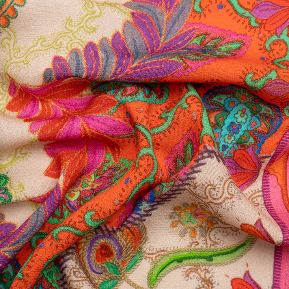 Viscose Crepe Panel - Red, Pink and Orange Fancy Leaves - Mood Exclusive Peacock Gardens Viscose Crepe Panel - Red, Pink and Orange Fancy Leaves - Mood Exclusive Peacock Gardens