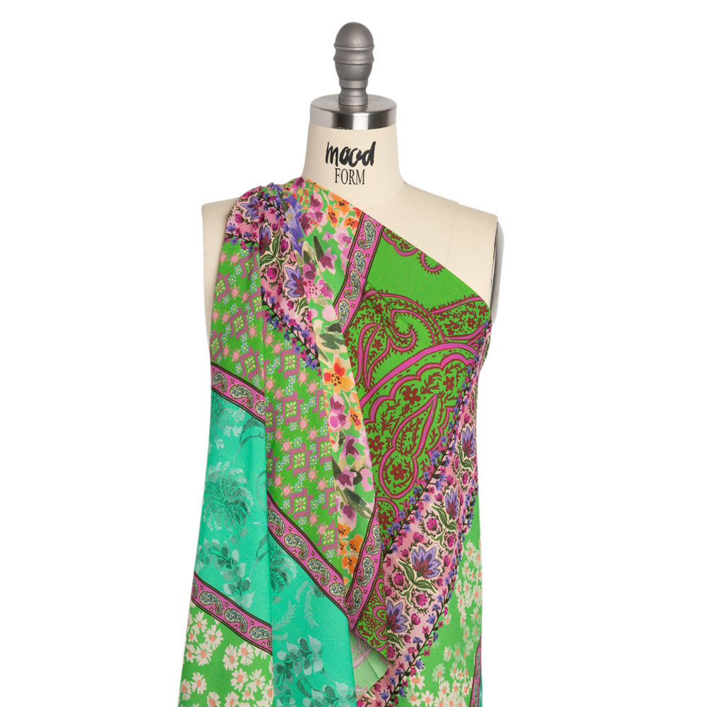 Viscose Crepe Print - Green, Turquoise and Purple Floral and Paisley Stripes - Mood Exclusive April in Patterns - Drape Viscose Crepe Print - Green, Turquoise and Purple Floral and Paisley Stripes - Mood Exclusive April in Patterns - Drape