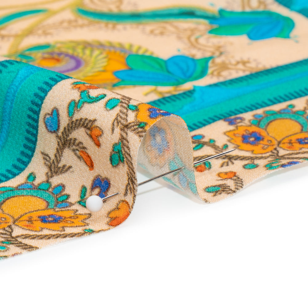 Viscose Crepe Panel - Teal and Golden Orange Fancy Leaves - Mood Exclusive Peacock Gardens Folded Viscose Crepe Panel - Teal and Golden Orange Fancy Leaves - Mood Exclusive Peacock Gardens Folded