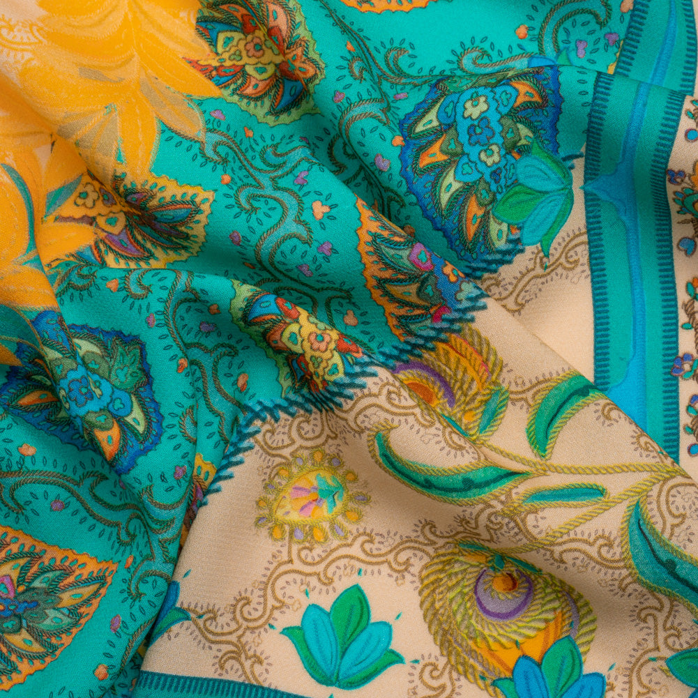 Viscose Crepe Panel - Teal and Golden Orange Fancy Leaves - Mood Exclusive Peacock Gardens Viscose Crepe Panel - Teal and Golden Orange Fancy Leaves - Mood Exclusive Peacock Gardens