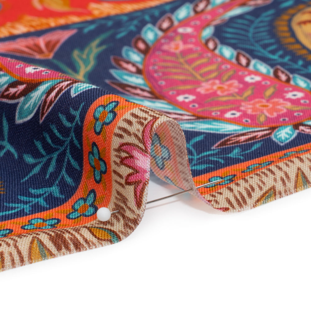 Viscose and Linen Twill Print - Blue and Orange Paisley and Floral Stripes - Mood Exclusive Botanical Bliss Folded Viscose and Linen Twill Print - Blue and Orange Paisley and Floral Stripes - Mood Exclusive Botanical Bliss Folded