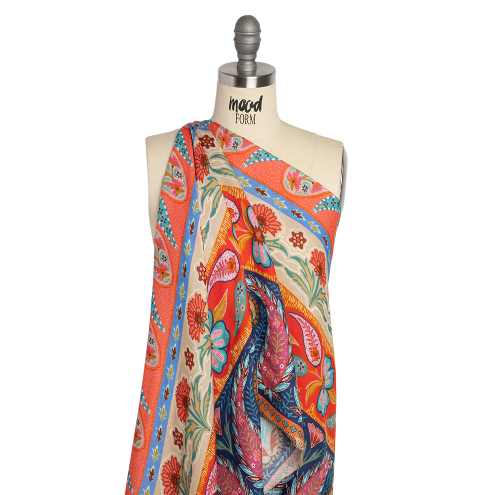 Viscose and Linen Twill Print - Blue and Orange Paisley and Floral Stripes - Mood Exclusive Botanical Bliss Detail Viscose and Linen Twill Print - Blue and Orange Paisley and Floral Stripes - Mood Exclusive Botanical Bliss Detail
