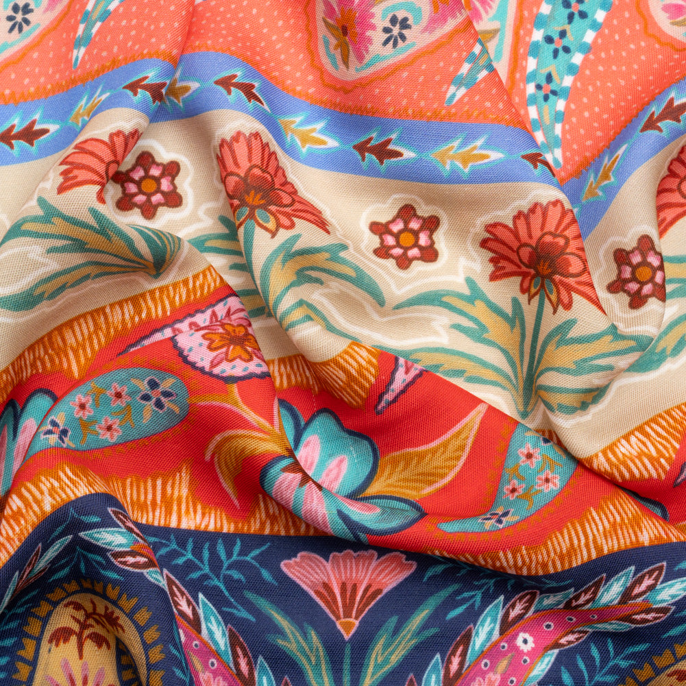 Viscose and Linen Twill Print - Blue and Orange Paisley and Floral Stripes - Mood Exclusive Botanical Bliss Viscose and Linen Twill Print - Blue and Orange Paisley and Floral Stripes - Mood Exclusive Botanical Bliss