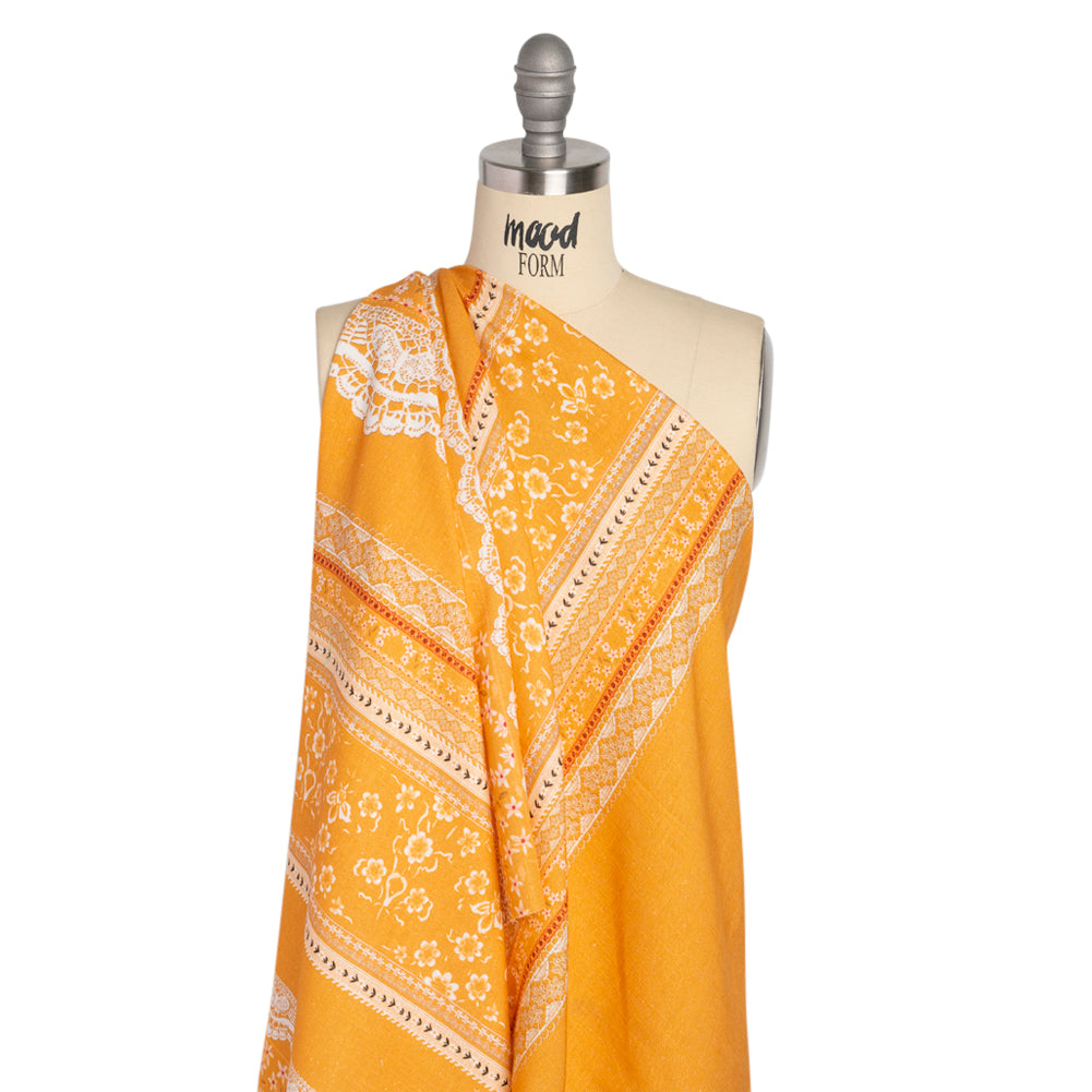Viscose and Linen Woven Print - Yellow and White Lace and Floral Stripes - Mood Exclusive Lace and Ribbons Drape Viscose and Linen Woven Print - Yellow and White Lace and Floral Stripes - Mood Exclusive Lace and Ribbons Drape