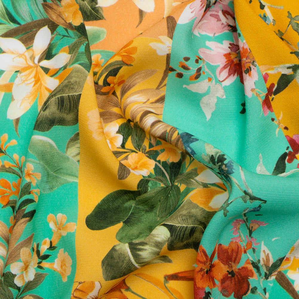 Sustainable Viscose Crepe Print - Aqua Blue and Yellow Floral Tile Stripes - Mood Exclusive El Paraiso Sustainable Viscose Crepe Print - Aqua Blue and Yellow Floral Tile Stripes - Mood Exclusive El Paraiso
