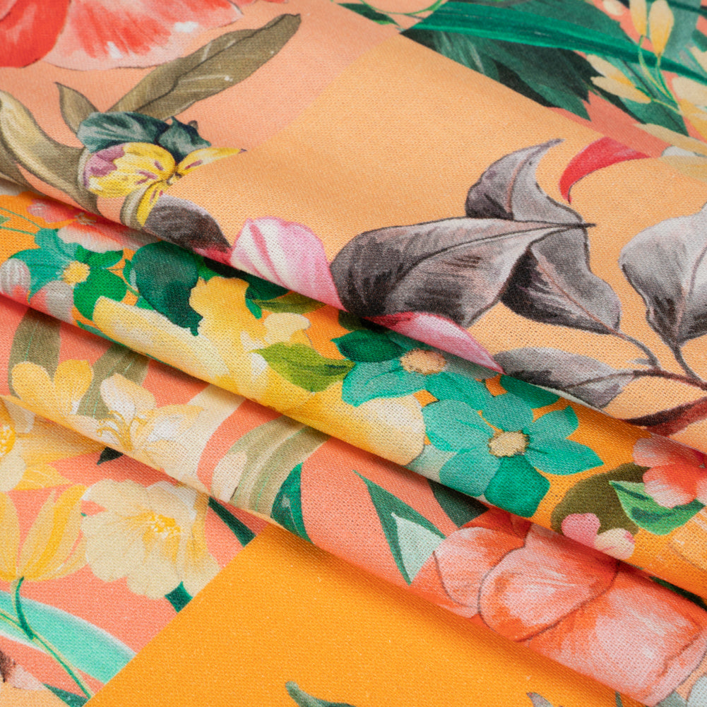 Linen and Rayon Woven Print - Peach and Orange Floral Patchwork - Mood Exclusive Citrus Garden Collage Folded Linen and Rayon Woven Print - Peach and Orange Floral Patchwork - Mood Exclusive Citrus Garden Collage Folded