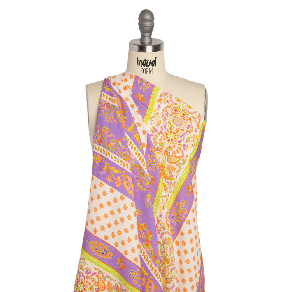 Viscose Crepe Print - Cream, Purple and Lime Green Floral Stripes - Mood Exclusive Spring Fling Detail Viscose Crepe Print - Cream, Purple and Lime Green Floral Stripes - Mood Exclusive Spring Fling Detail