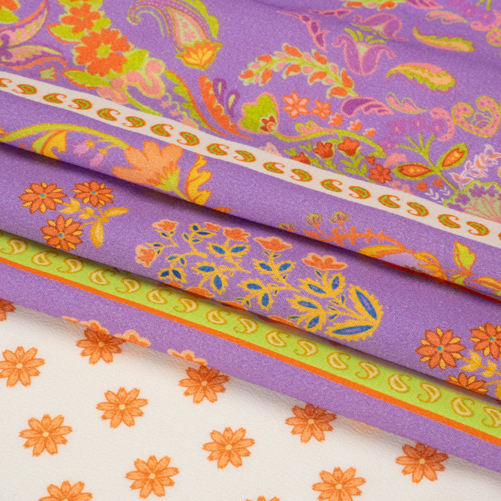 Viscose Crepe Print - Cream, Purple and Lime Green Floral Stripes - Mood Exclusive Spring Fling Full Viscose Crepe Print - Cream, Purple and Lime Green Floral Stripes - Mood Exclusive Spring Fling Full