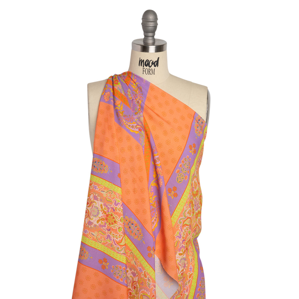 Viscose Crepe Print - Orange, Purple and Lime Green Floral Stripes - Mood Exclusive Spring Fling Detail Viscose Crepe Print - Orange, Purple and Lime Green Floral Stripes - Mood Exclusive Spring Fling Detail